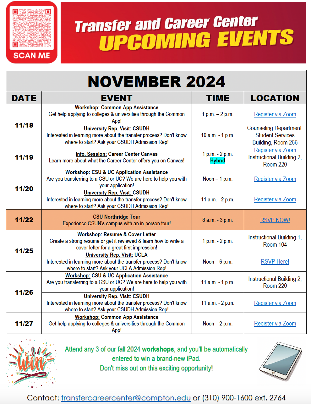 Transfer & Career Center Calendar of Events for Nov. 2024