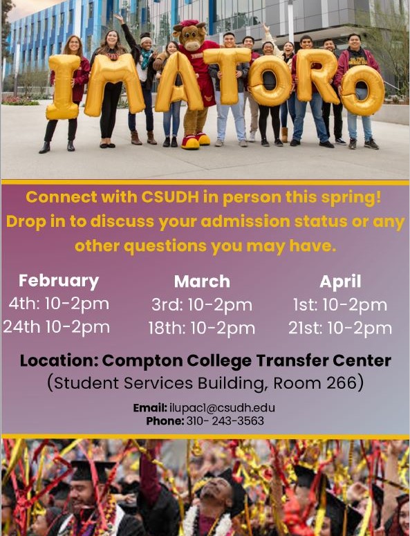 CSUDH Flyer for spring 2025 in-person visits to Compton College 