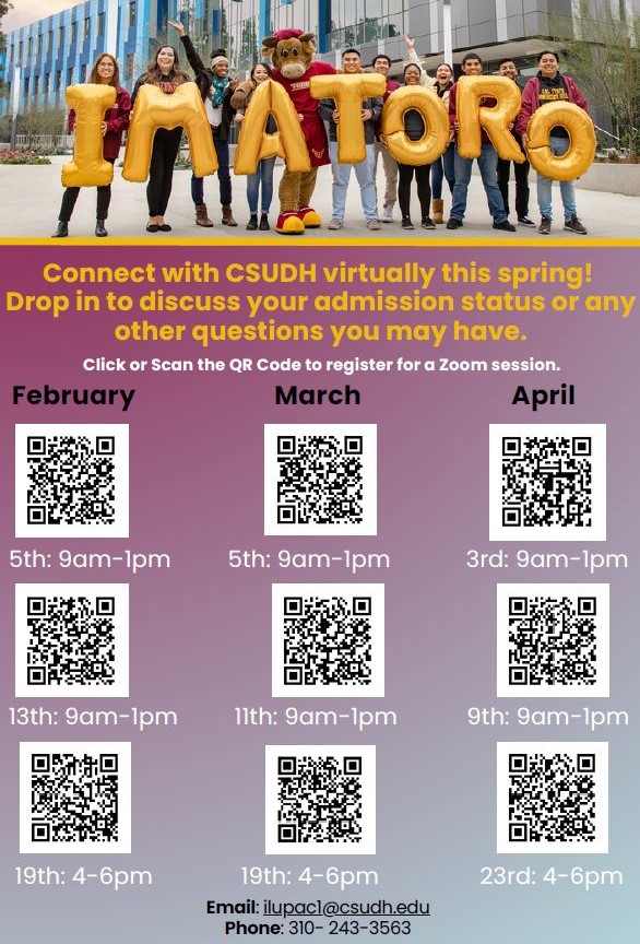 CSUDH Flyer for spring 2025 virtual visits to Compton College 